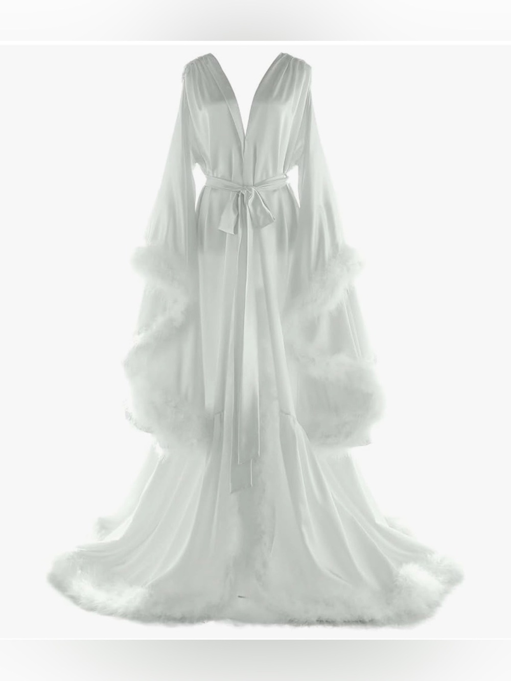 Luxury White Feather-Trim Bridal Satin Robe with Belt